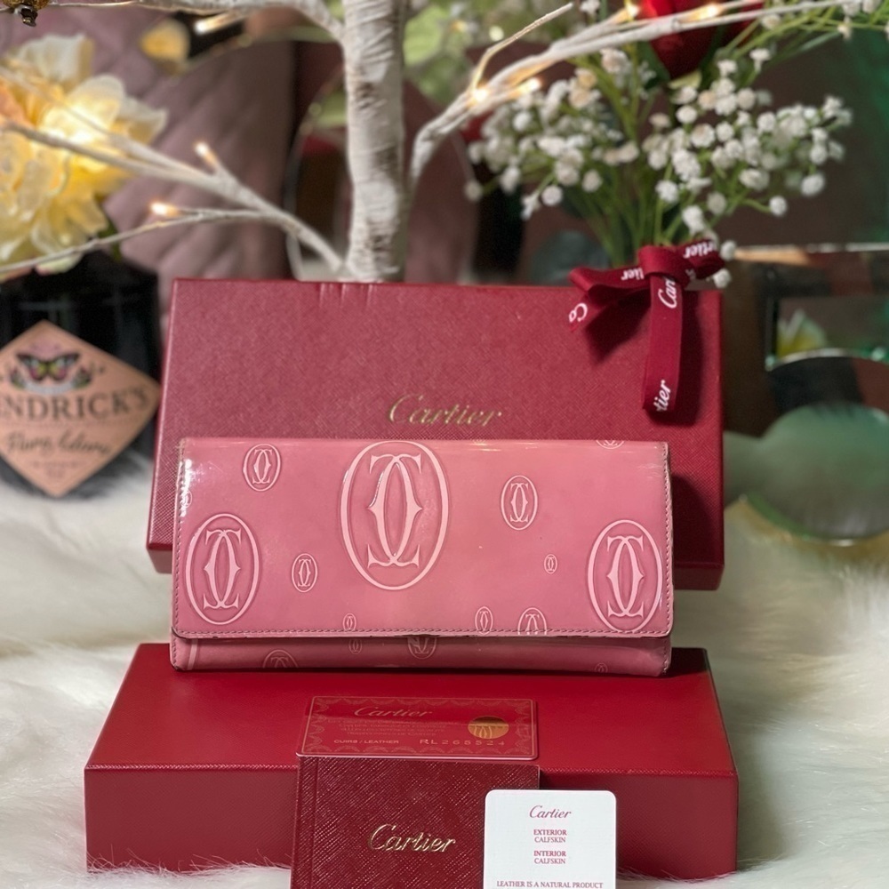 CARTIER MUST DE CARTIER HAPPY BIRTHDAY PINK PATENT LEATHER WALLET AUTHENTIC